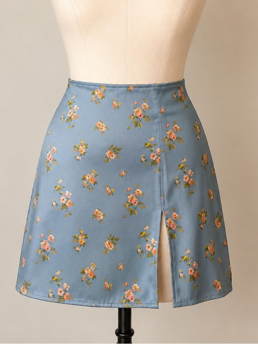 Reformation Satin Blue Floral A-Line Mini Skirt with Front Slit